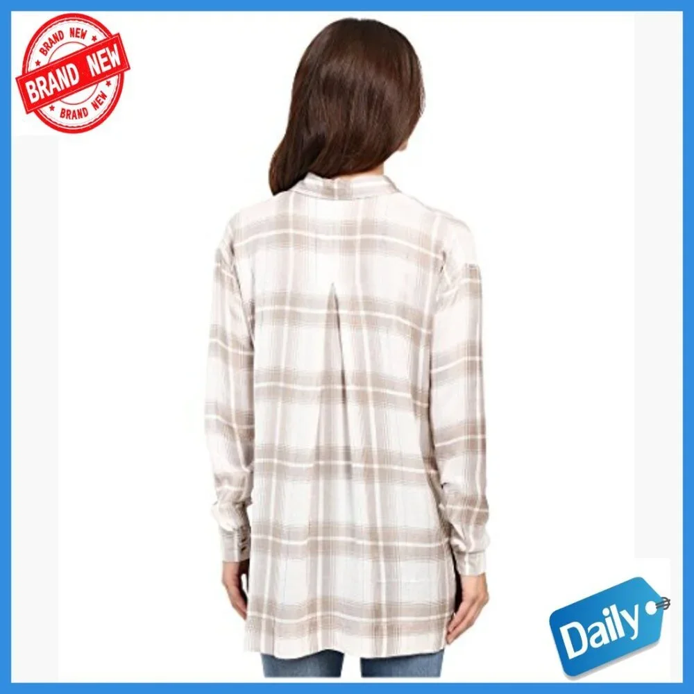 Long Sleeve Plaid Button Down Blouse Regular Fit Viscose Side Slits